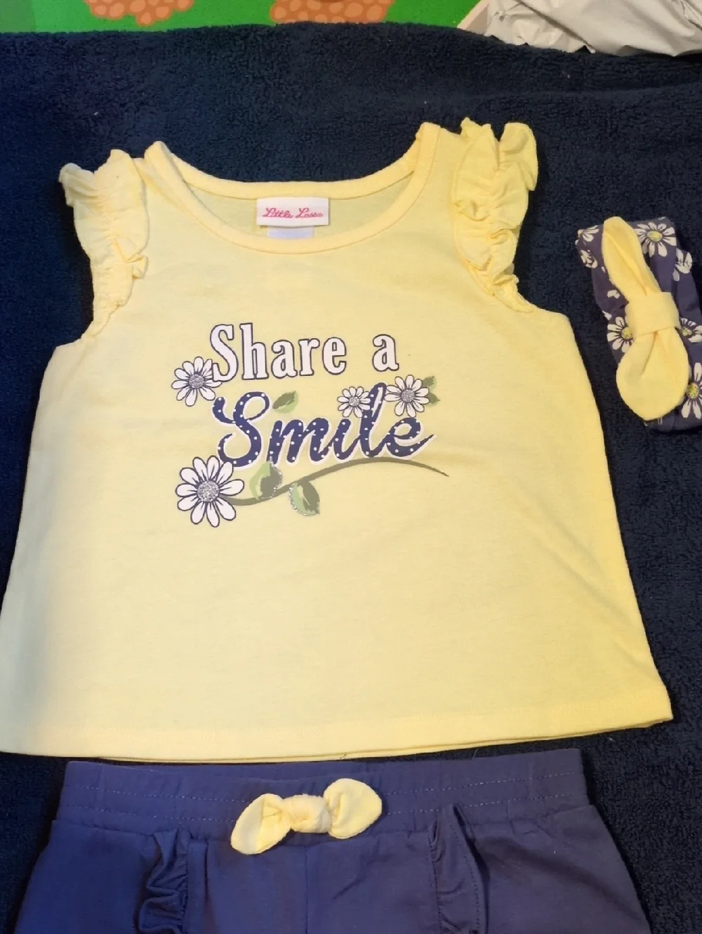 Little Lass 4 PC Daisy Stripe Tank & Shorts/Navy Shorts/Yellow Tank Headband 3T - Picture 5 of 7